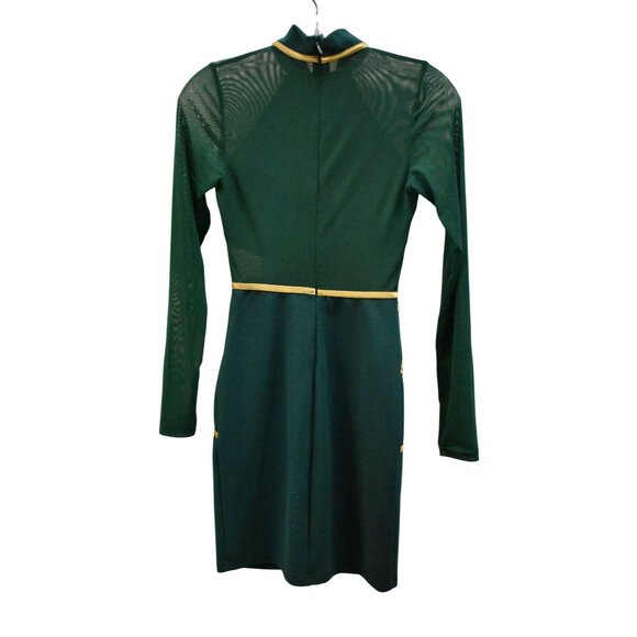 Women's Dark Green Bodycon Dress High Neck Gladiator Gold Trim Sheer Sleeve Sz X - Picture 2 of 5